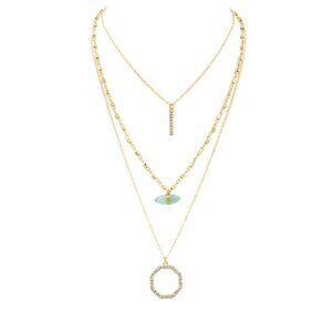 TRENDING FASHION Aqua Quartz Stone Layered Style Goldtone Necklace 15 3/4" NWT